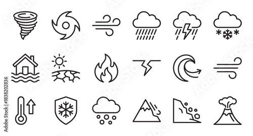 Set of natural disaster and weather icons in a simple black outline style, featuring symbols for tornado, flood, earthquake, fire, hurricane, thunderstorm, and volcanic eruption