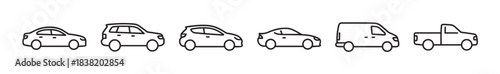 Set of various car and truck icons in a minimalist line art style showing different vehicle types like a sedan, SUV, van, and pickup from a side view perspective