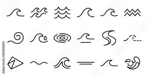 Collection of black line wave icons in various minimalist and abstract styles, including simple curves, spirals, and geometric shapes, arranged in a neat set of graphic elements