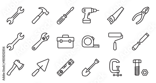 Large set of black line art tool icons for construction and repair, including a hammer, wrench, screwdriver, and drill, presented in a clean, minimalist vector graphic style