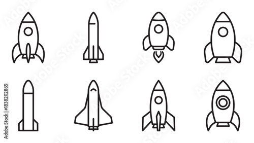 Set of black outline rocket and spaceship icons in various simple designs representing space exploration, startup launch, and future technology in a minimalist line art style