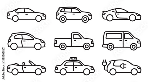 Collection of various car type icons including a sedan, SUV, sports car, truck, van, taxi, and electric vehicle, presented in a simple black and white line art style