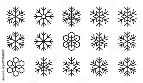 Collection of fifteen black snowflake line icons with various geometric and crystal shapes for winter holiday decoration and design, presented in a clean minimalist vector style