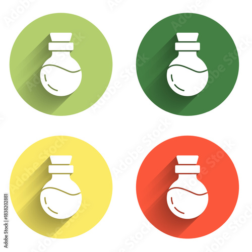 Set Bottle with potion icon isolated with long shadow background. Flask with magic potion. Happy Halloween party. Color circle button. Vector