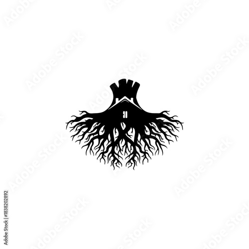 Symbolic illustration of house roof integrated with extensive tree roots, representing home, foundation, growth, and stability. isolated on transparent background