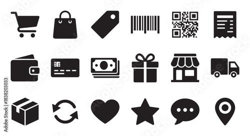 Collection of black e-commerce icons for online shopping, including a cart, bag, credit card, and delivery truck, representing retail, payment, and logistics in a flat glyph style