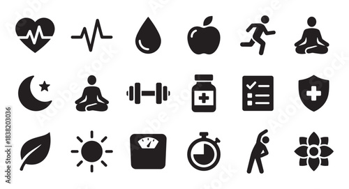 Set of black health and wellness icons representing fitness, diet, sleep, and mental balance in a simple glyph style for concepts of a healthy lifestyle and self-care routine