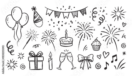 Hand drawn party and celebration doodle set with birthday cake, balloons, fireworks, gift box, and confetti in a festive black and white sketch style illustration for events