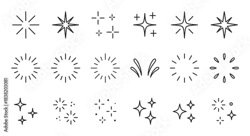 Set of eighteen different black sparkle icons with various star, burst, and glint designs, rendered in a simple and clean minimalist line art vector style