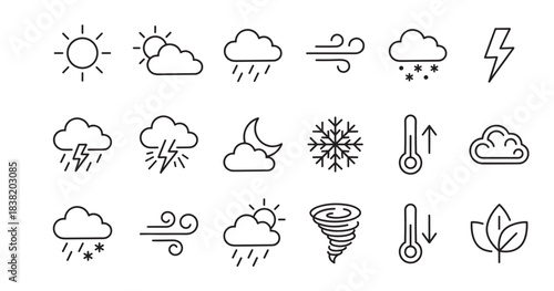 Set of black weather forecast icons in a simple line art style shows various meteorological symbols like sun, cloud, rain, snow, wind, storm, and temperature