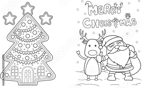 Whimsical tree shaped gingerbread house with stars and icing decorations coloring sheet for kids isolated on white background