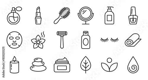 Set of beauty and spa thin line icons representing cosmetics, skincare, makeup, and wellness products for self-care routines, including perfume, lipstick, cream, and a face mask