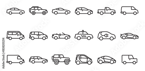 Various car and vehicle line art icons set showing different automobile types like sedan, SUV, van, taxi, and electric car in a simple black outline style collection