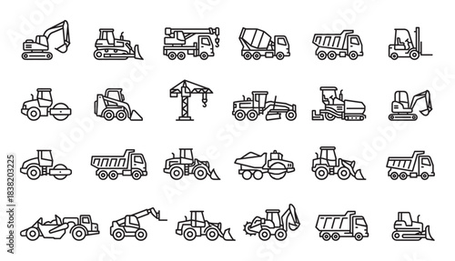 Large set of construction vehicle icons in a clean black line art style, featuring an excavator, bulldozer, dump truck, crane, forklift, and other heavy industrial machinery