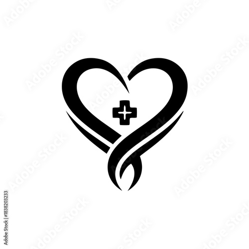 Stylized black heart symbol embracing a medical cross, representing health and care, isolated on white. isolated on transparent background