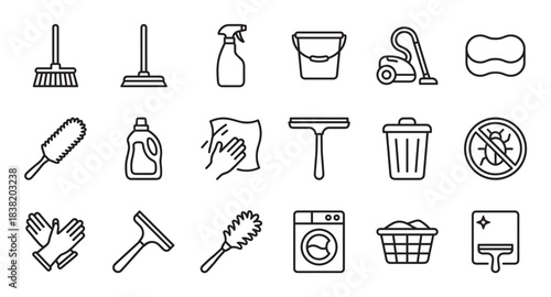 Collection of cleaning and housekeeping icons in a minimalist black outline style, featuring a broom, vacuum, spray bottle, gloves, and other domestic chore symbols