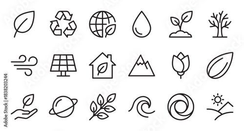 Collection of minimalist black outline icons for ecology and environment themes, including symbols for renewable energy, nature, recycling, sustainability, and conservation