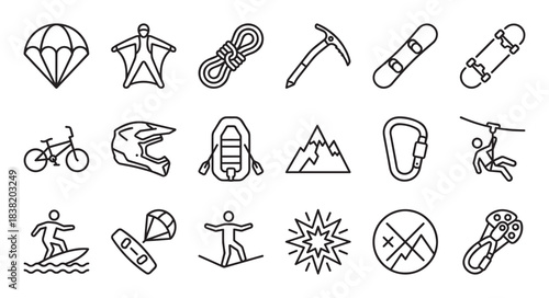 Set of extreme sports line icons representing adventure activities like skydiving, climbing, and snowboarding in a minimalist black and white vector illustration style