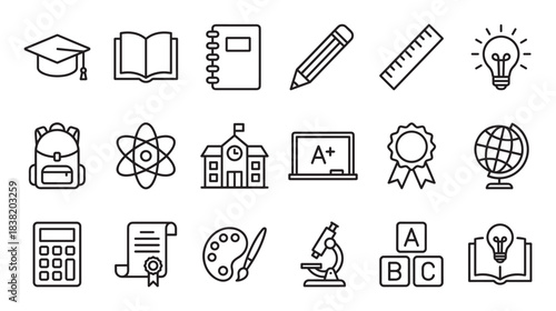Set of black line art icons for education and school subjects including a graduation cap, book, pencil, globe, and microscope for learning concepts and academic achievement