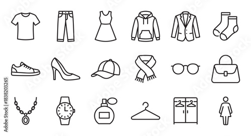 Clothing and fashion accessories line icon set with various apparel, footwear, and personal items for men and women in a simple minimalist vector illustration style