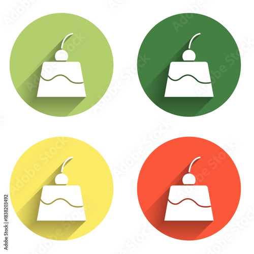 Set Pudding custard with caramel glaze icon isolated with long shadow background. Color circle button. Vector