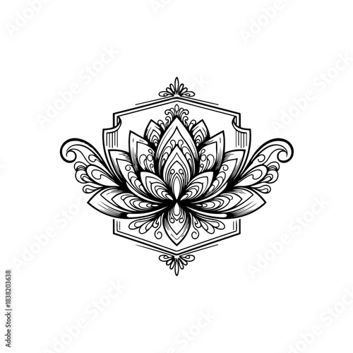 Intricate oriental lotus flower mandala design with elegant ornate frame and spiritual symbolic detailed petals isolated on transparent background