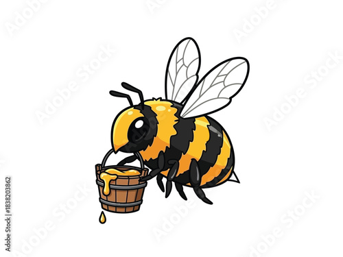 A cute cartoon bumblebee with black and yellow stripes is holding a small wooden bucket filled with golden honey.
