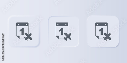 Grey Travel planning calendar and airplane icon isolated on grey background. A planned holiday trip. Set icons in square buttons. Vector