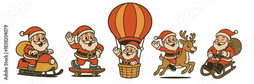 Santa mascot set featuring festive characters riding vehicles for Christmas design and decoration