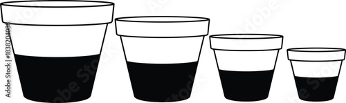 Minimal plant pot size set, black and white nursery container silhouettes for indoor gardening, branding, packaging, vector design elements collection