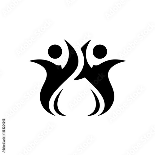 Two abstract stylized figures in black silhouette celebrating success, joy, and unity on a white background isolated on transparent background