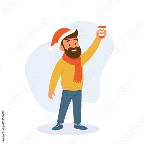 Bearded hipster guy cartoon character toasting with paper glass celebrating Christmas outdoors isolated on white background. Festive man happy urban sharing holiday greetings vector illustration