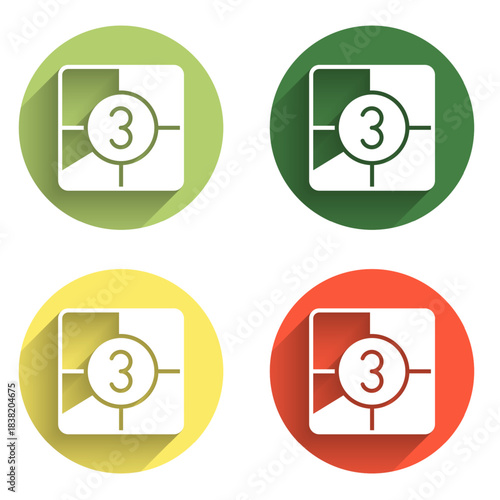 Set Old film movie countdown frame icon isolated with long shadow background. Vintage retro cinema timer count. Color circle button. Vector