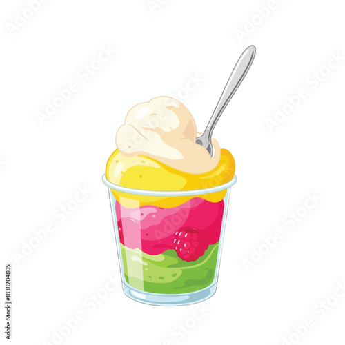 Colorful Layered Dessert with Ice Cream and Spoon