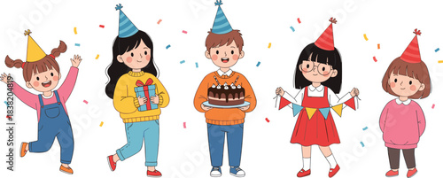 Happy kids birthday party celebration illustration with children wearing party hats, holding cake, gifts and decorations for festive greeting design