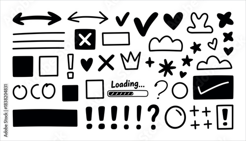 Collection of black hand drawn doodle icons and symbols on white background black and white
