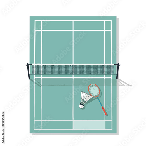 Badminton Court with Racket and Shuttlecock