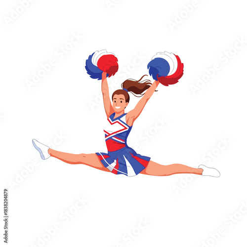 Cheerleader in mid air stunt with pompoms