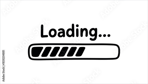 Hand drawn black loading bar with text Loading and progress indicator on white background waiting