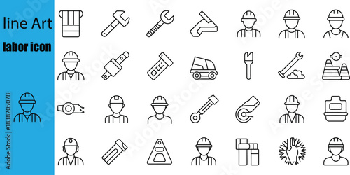 Labor & Construction Icon Set | Worker, Tools, Engineering & Safety Line Art Icons