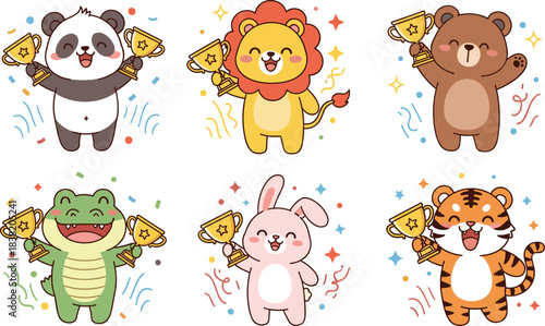 Cute animal winners character set holding golden trophies with panda, lion, bear, crocodile, bunny and tiger for kids celebration design