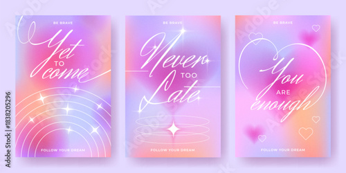 Retro motivation posters with gradient effect. Vector illustration set of abstract y2k banner templates in soft purple, yellow and pink colors, doodle heart shapes, vintage text, halo background
