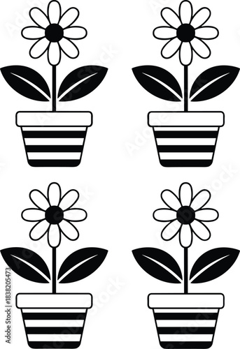 Minimal flower pot icons set, black and white striped planter illustration, cute daisy houseplant vector collection, modern botanical clipart design