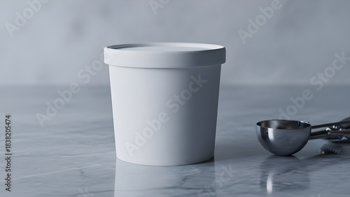 A plain white paper cup sits on a marble surface next to an ice cream scoop