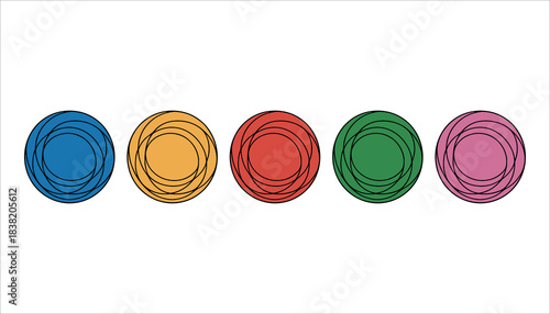 Five colorful circles with swirling black lines on a white background graphic abstract