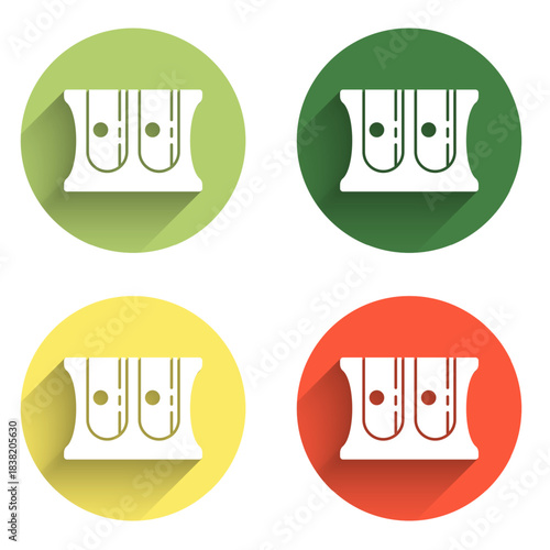 Set Pencil sharpener icon isolated with long shadow background. Color circle button. Vector