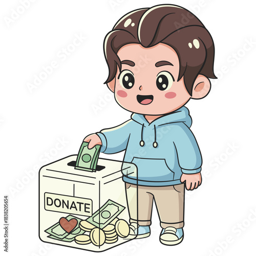 Young Man Donating Money to Charity Box with Heart Symbol and Coins
