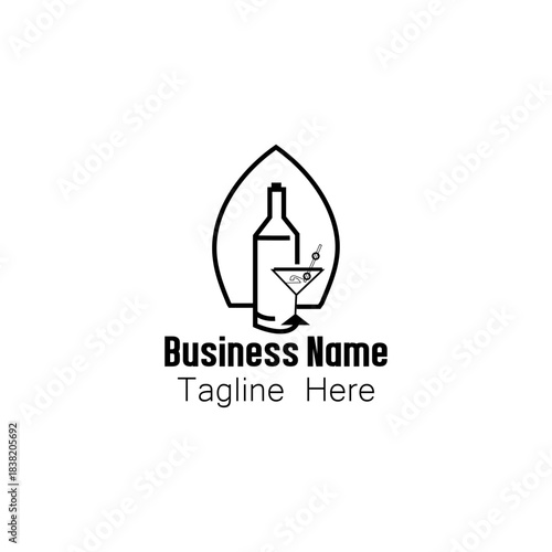 Minimalist Bottle and Cocktail Glass Logo for Beverage Business