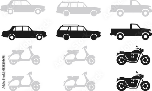 Collection of Silhouettes of Cars Scooters and Motorcycles Keywords: car, vehicle, automobile, transport, transportation, sedan