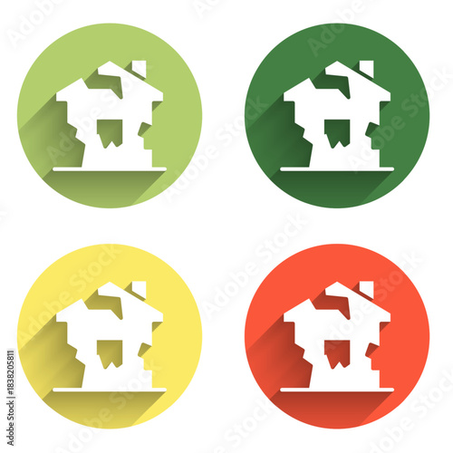 Set Ruined house icon isolated with long shadow background. Broken house. Derelict home. Abandoned home. Color circle button. Vector